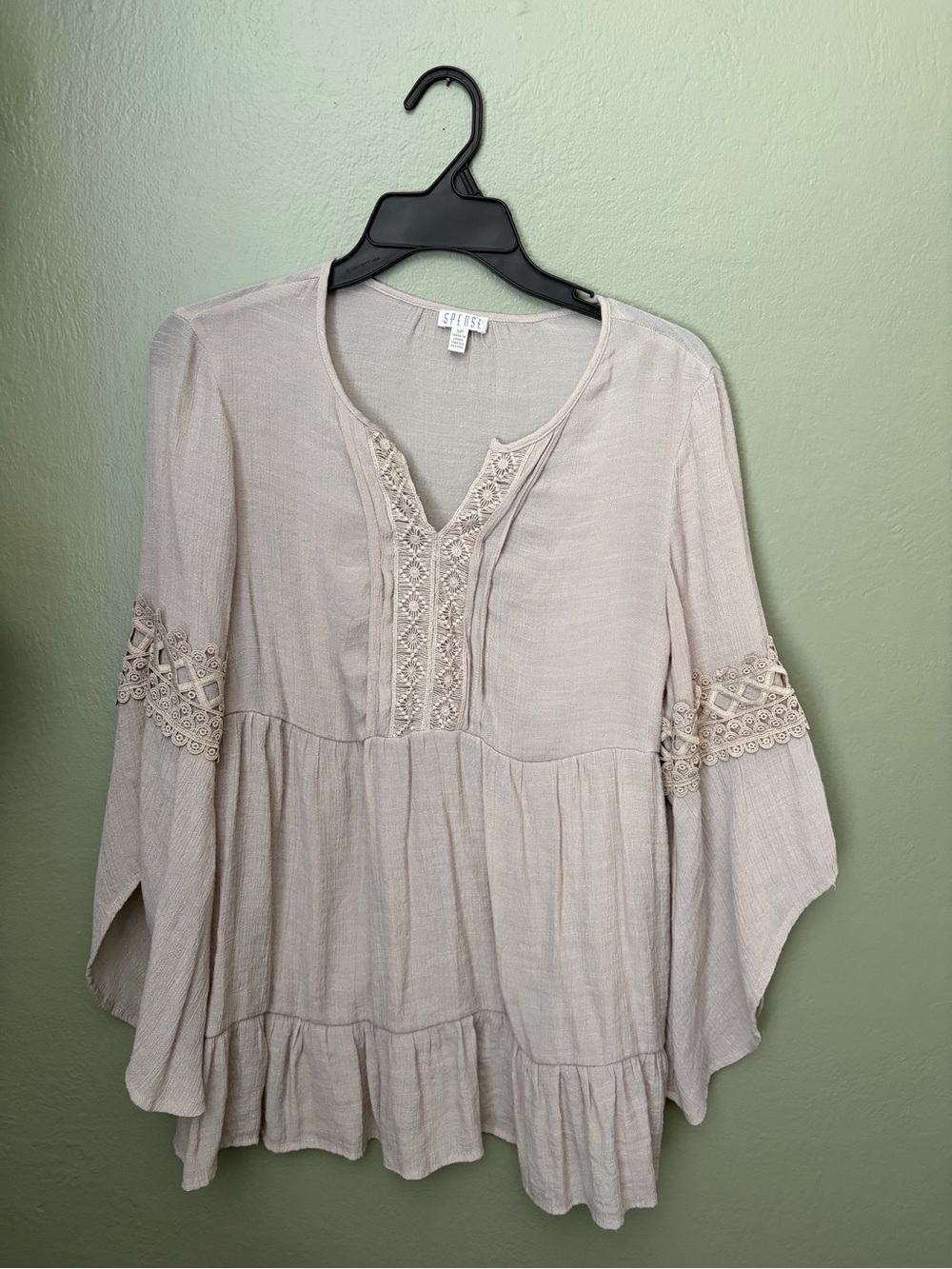Spense Women’s Size Small Beige Tunic Lace Flowy Long Sleeve Boho Peasant